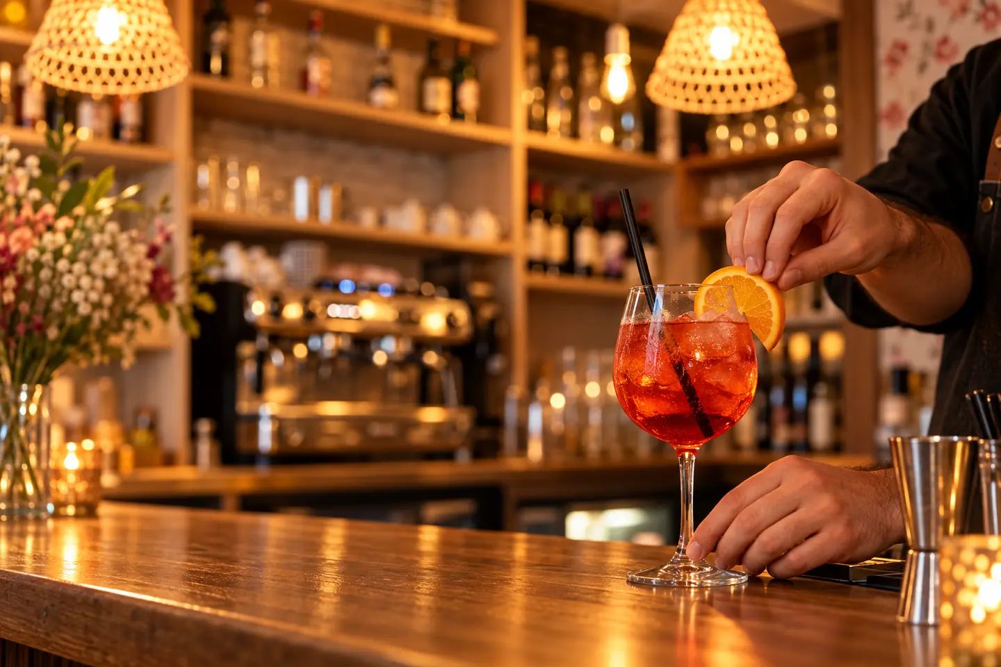 Au comptoir, le barman garnit un spritz d'une rondelle d'orange