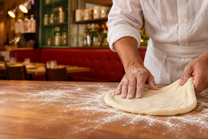 Un cuisinier étale la pâte sur le plan de travail fariné