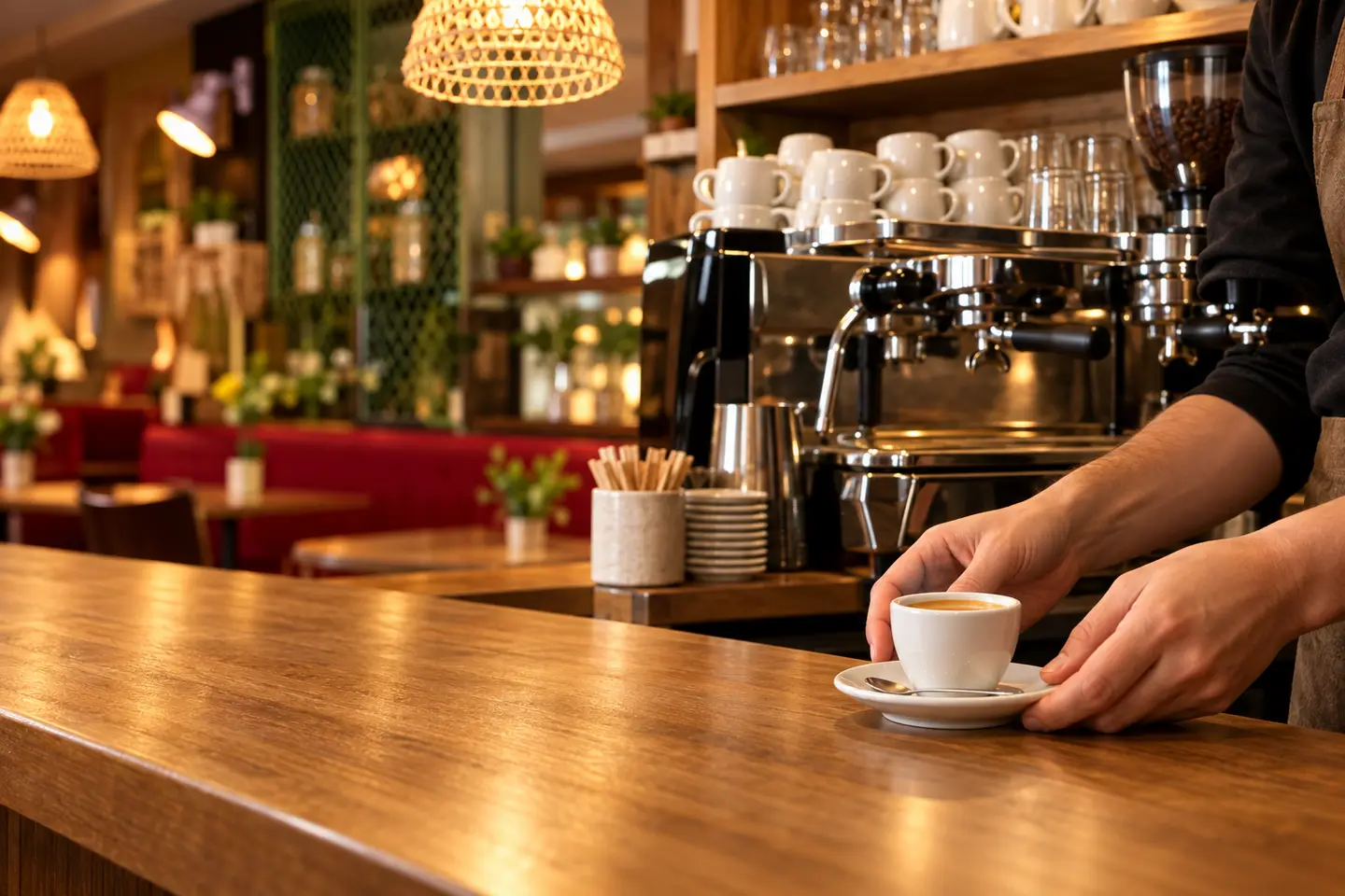Un espresso posé sur le comptoir en bois