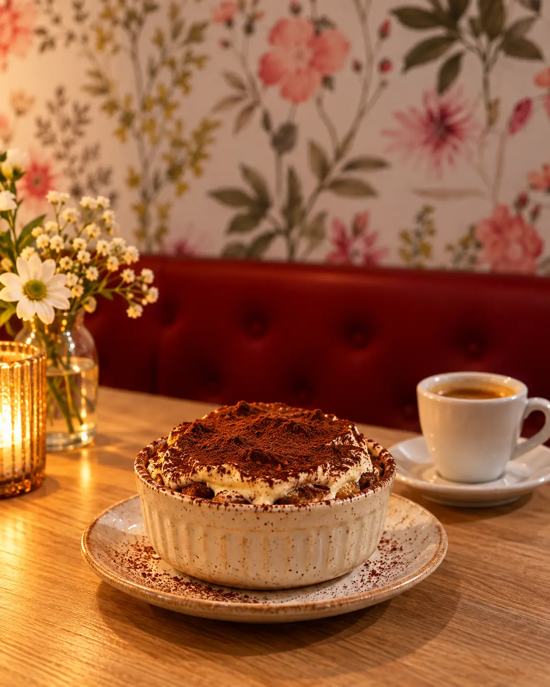 Un tiramisu et un espresso sur une table en bois